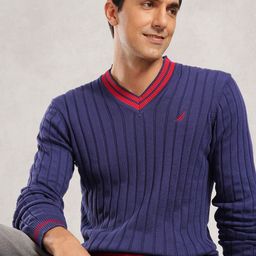 Nautica Striped V-Neck Pure Cotton Pullover-image-24