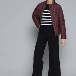 ether Women Burgundy Solid Padded Jacket-image-27