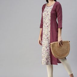 SheWill Women Burgundy & White Ethnic Motifs Printed Round Neck Cotton Straight Kurta-image-14