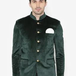 WINTAGE Men's Green Solid Single-Breasted Velvet Blazer-image-3