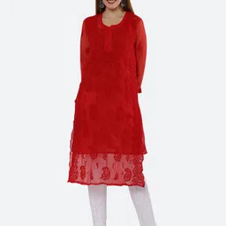 FAWOMENT Red Embroidered Chikankari Georgette Kurta-27