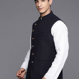 Manu Solid Mandarin Collar Asymmetric Placket Nehru Jacket image 2