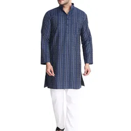 Aaryavar Men Geometric Striped Chikankari Kurta-image-8
