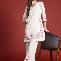 Indo Era Floral Embroidered Thread Work Pure Cotton Kurta with Palazzos-16
