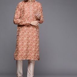 Manyavar Men Peach-Coloured & Rust Red Ethnic Motifs Printed Kurta with Churidar image 3