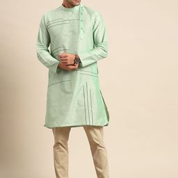 Anouk Men Green Geometric Embroidered Cotton Silk Kurta-15
