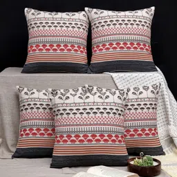 ANWYN Red & Black 5 Pcs Ethnic Motif Printed Cotton Square Cushion Covers-picture-2