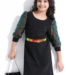 Hola Bonita Sequined Full Sleeves Dress in Texture Fabric - Black-image-48