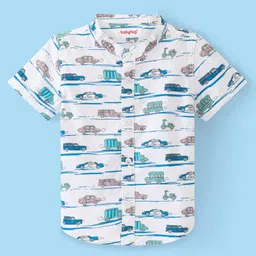 Babyhug Cotton Woven Half Sleeves Mandarin Collar Car Printed Shirt - White-picture-12