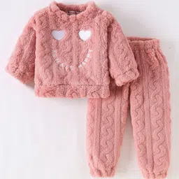 Kookie Kids Full Sleeves Winter Night Suit with Heart Embroidery   - Pink-picture-47