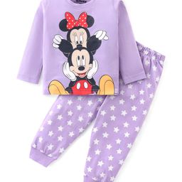 Babyhug Disney Single Jersey Knit Full Sleeves Night Suit with Minnie and Mickey Mouse Graphics - Purple-image-84