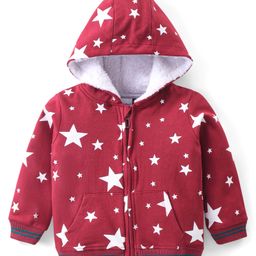 Babyhug Cotton Knit Full Sleeves Front Open Hooded Sweatjacket With Star Print - Red-picture-11