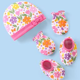 Babyhug Interlock Knit Cap Mittens & Booties With Floral Print - Pink-15