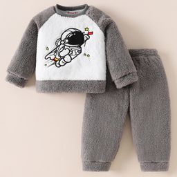 Kookie Kids Raglan Sleeves Winter Wear Night Suit With Astronaut Applique - White & Grey-image-75
