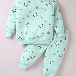 Teddy Fleece Knit Full Sleeves Winter Night Suit With Panda Print - Sea Green-image-98