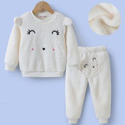 Kookie Kids Full Sleeves Fur Winter Wear Top & Lounge Pant Set With Ear Applique & Sling Bag - Cream-image-35