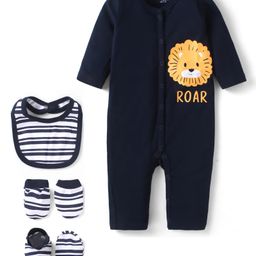 Doodle Poodle Cotton Interlock FullSleeves Romper With Bibs, Mittens And Booties with Stripes & Animal Print -Navy Blue-image-24