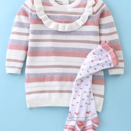 ToffyHouse 100% Sweater Knit Cotton Full Sleeves Striped Winter Wear Set With Stockings - Off White-image-37