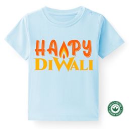 BLUSHES Diwali Theme 100% Cotton Half Sleeves Happy Diwali Text Printed Tee - Powder Blue-picture-43