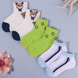KIDLINGSS Cotton Pack Of 3 Smiley & Bear Designed Anti Bacterial Socks - Multi Colour-image-33