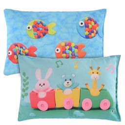 Kuber Industries Pack of 2 Kids Pillows for Boys & Girls | 12"x18" Microfiber Cushion & Pillow Filler for Sleeping Toddlers | Train & Fish -Blue-56