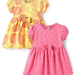 Doodle Poodle 100% Cotton Knit Half Puffed Sleeves Pineapple & Polka Dots Printed Frocks with Bow Applique Pack of 2 - Pink & Yellow-image-41