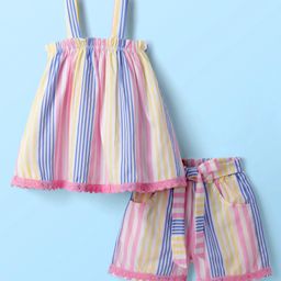 Dew Drops Poplin Woven Sleeveless Striped Top & Shorts Set with Fabric Belt & Lace Detailing - Pink-image-23