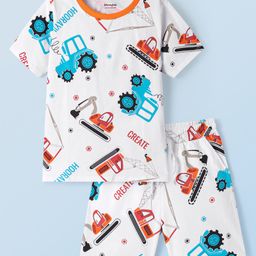 Honeyhap Premium Cotton Knit Half Sleeves Bio Finish Co-ords Shorts Night Suit with Vehicle Print - Bright White-image-17