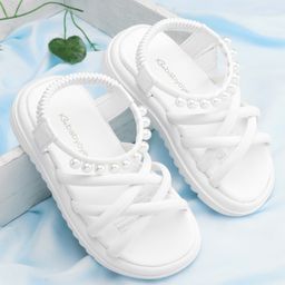Babyoye Backstrap Closure Solid Coloured Pearl Embellished Sandals - White-image-2