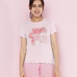 Lil Tomatoes Cotton Knit Half Sleeves Floral Printed Glitter Detailed Top & Shorts Set - Pink-image-66
