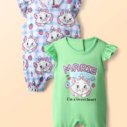 Babyhug Disney 100% Cotton Frill Sleeves Rompers With Aristocats Marie Graphics Pack Of 2 - Light Green & Blue-image-42