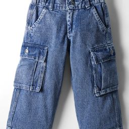 Olio Kids Denim Woven Full Length Jeans With Text Print & Cargo Pockets - Light Blue-image-77