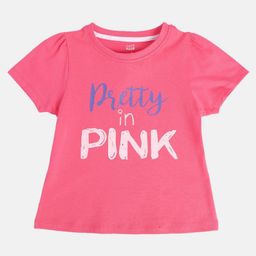 MINI KLUB Cotton Knit Half Puffed Sleeves Pretty In Pink Text Printed Top- Pink-picture-27