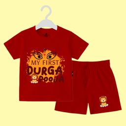 The Peppy Tend 100% Cotton Knit Durga Puja Theme Half Sleeves My First Durga Pooja Text Printed Tee & Shorts Set - Red-picture-10