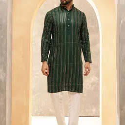 Anouk Green Striped Embroidered Sequinned Pure Cotton Straight Kurta With Pyjama-picture-14
