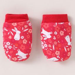 OHMS Interlock Knit Cap Mitten & Booties Set with Bunny & Floral Print Red - Diameter 9.5 cm image 5