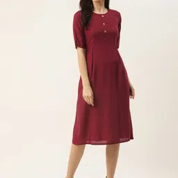 BRINNS Maroon Solid Flared Midi Dress-image-85