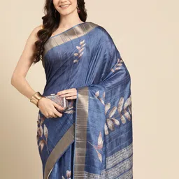 Silk Land Floral Printed Zari Block Print Saree-13