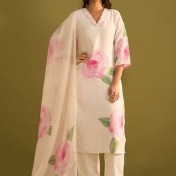 Indo Era Women Floral Printed Regular Sequinned Linen Kurta with Trousers & With Dupatta-14