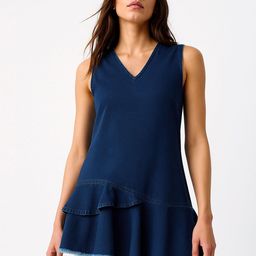 SASSAFRAS Women V-Neck Layered Fringe Hem Drop-Waist Denim Mini Dress-picture-2