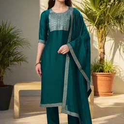 SZN Floral Printed Jacquard Straight Kurta With Trousers & Dupatta-image-37
