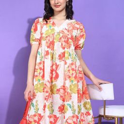 HIVA TRENDZ Women Floral Printed Gathered Or Pleated Cotton Fit And Flare Above Knee Dress-image-80