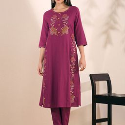 FASHOR Women Floral Thread Cross Stitch Embroidered A-Line Tunic & Trousers Co-ord Set-image-40