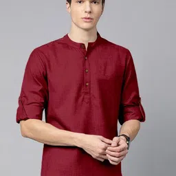Zombom Men Mandarin Collar Roll-Up Sleeves Straight Kurta-image-76