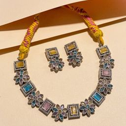 NAMAN ARTS Silver-Plated Oxidised Stone StuddedJewellery Set-39