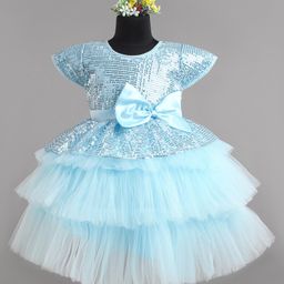 BluebellCap Sleeves Party Wear Frock Sequin Detailing & Bow Applique - Sky Blue-picture-23