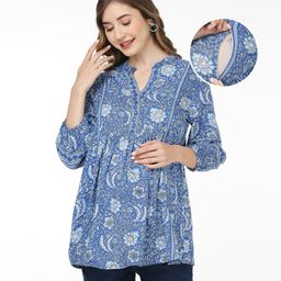 Bella Mama Woven Three Fourth Sleeves Flower Printed Maternity Top With Border - Blue-image-104