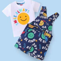 Babyhug 100% Cotton Knit Dungaree and Half Sleeves T-Shirt Set with Text Print - Blue-image-95