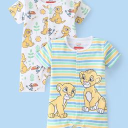 Babyhug Disney Cotton Knit Half Sleeves The Lion King Printed Rompers Pack of 2 - Multicolour-image-5