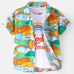 Babyhug Cotton Woven Half Sleeves Sun & Rainbow Printed Shirt with T-Shirt - Multicolour-image-73